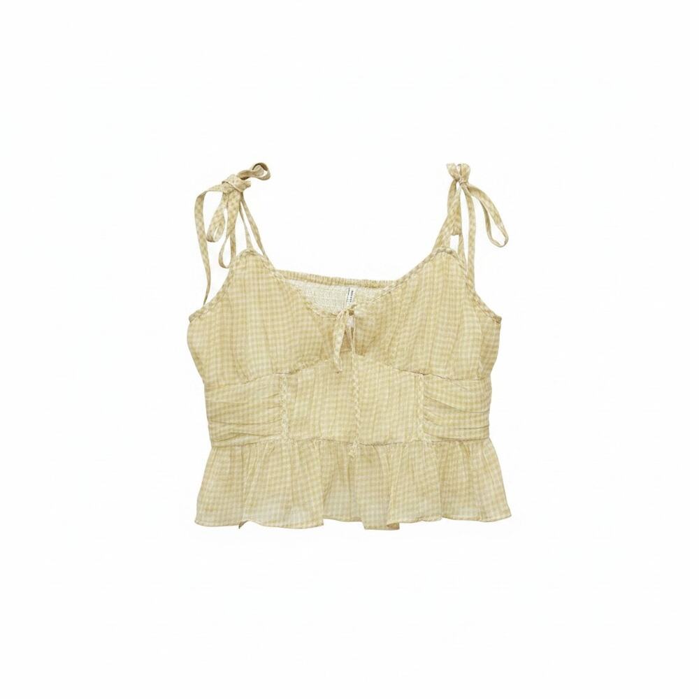 AE American Eagle Tie Gingham Checkered Crop Tank Top Medium Butter Yellow